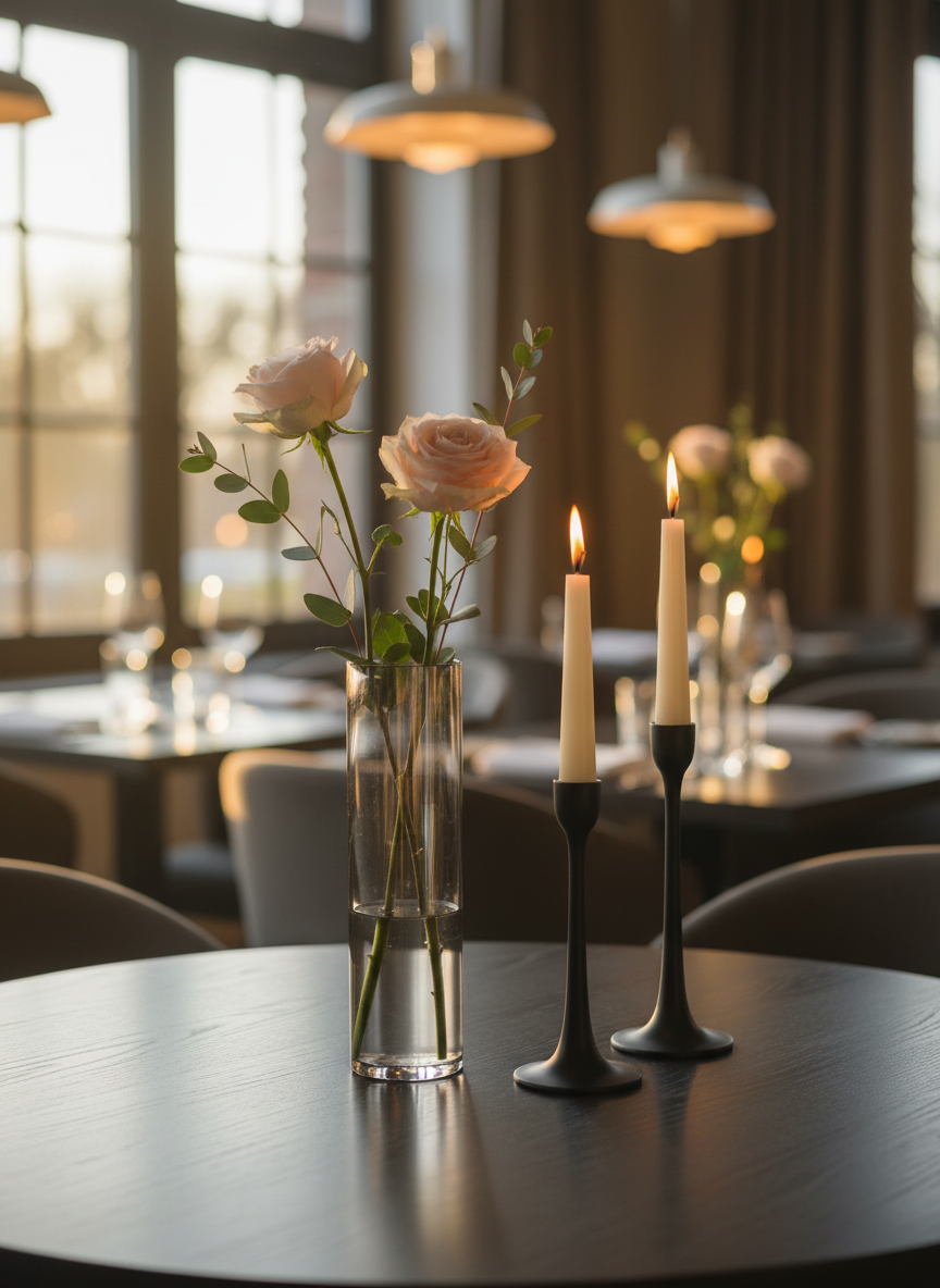 A refined centerpiece arrangement for an upscale restaurant table: a slim, smoked-glass vase holding a minimal cluster of pale blush roses and eucalyptus stems, placed on a round, charcoal-stained oak tabletop with a silken matte finish. Beside it, two slender, tapering black metal candlesticks hold half-burned ivory tapers, their flames casting soft, flickering reflections onto the glass and wood. In the blurred background, hints of other tables with similar décor fade into a warm bokeh of amber and gold. Golden hour light filters through unseen windows, mixing with subtle pendant lighting for a layered glow. Photographic realism, captured from a slightly elevated angle with shallow depth of field, creating an intimate, romantic, and sophisticated dining ambience.