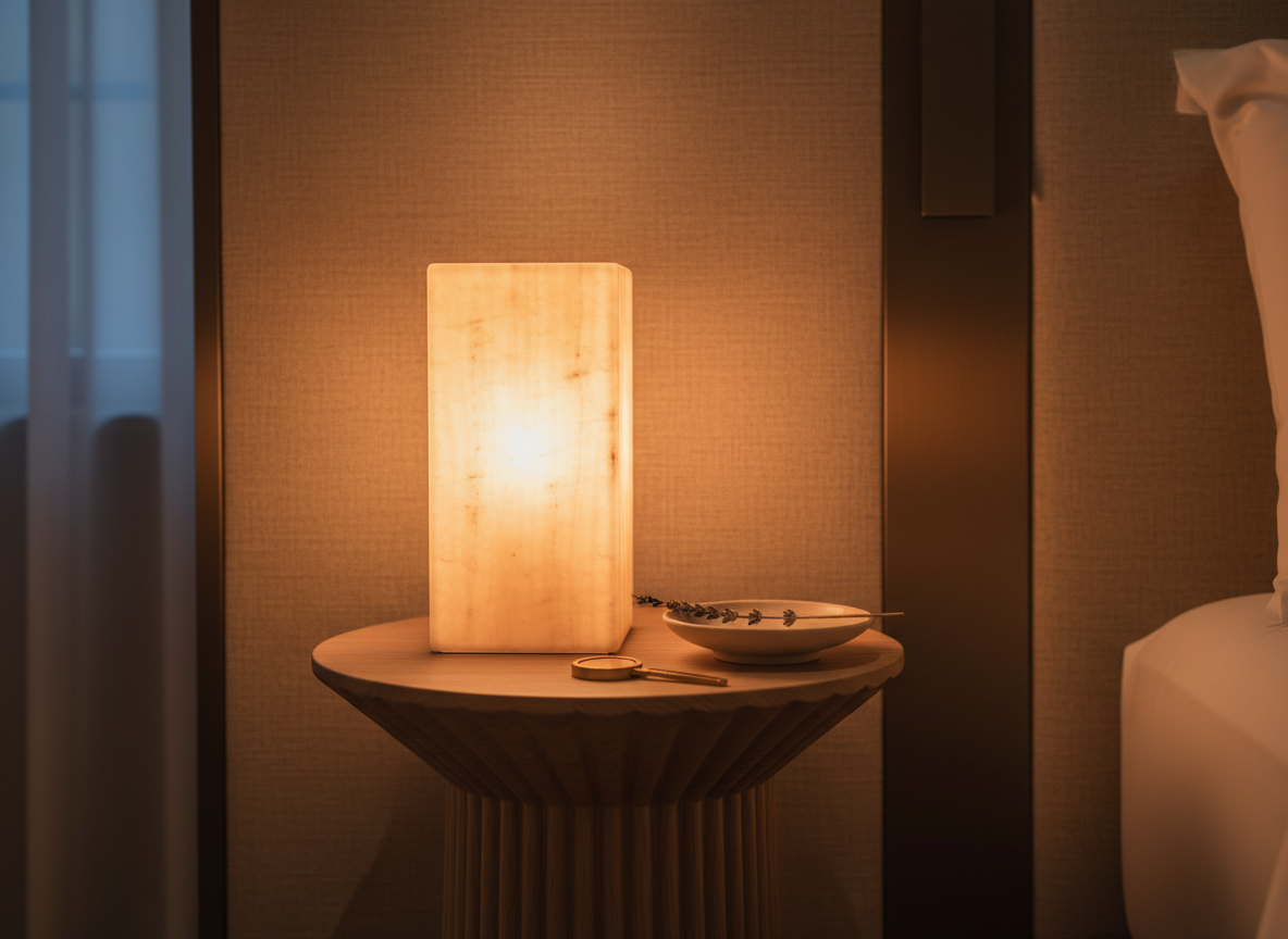 A refined guest room nightstand in a boutique hotel, featuring a slim, fluted wood pedestal table in light oak topped with a small, alabaster cube lamp that emits a soft, diffused glow. Next to it, a single, low ceramic dish in matte sand tone holds a sprig of dried lavender and a minimalist brass key fob. The wall behind is upholstered in textured, woven fabric in warm mushroom tones, with a vertical inset of brushed-bronze trim. Ambient evening light combines with the lamp’s warm illumination, creating a cocoon-like atmosphere. Photographic realism, shot at close range with a shallow depth of field, composition slightly off-center for an editorial feel. The mood is calm, intimate, and exquisitely understated, highlighting elevated hospitality décor details.