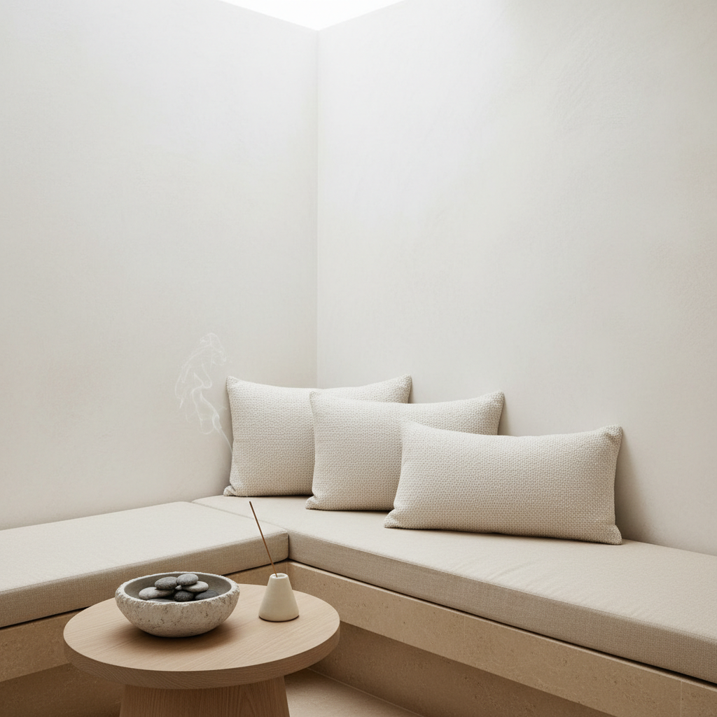 A serene spa lounge corner within a luxury resort, featuring a low, sand-colored limestone bench topped with thick, oatmeal linen cushions and a pair of perfectly aligned, oversized lumbar pillows in textured ivory fabric. In front, a round, pale oak side table holds a stoneware bowl filled with smooth river stones and a single, slender ceramic incense holder with a delicate trail of smoke rising. The backdrop is a soft white limewash wall with subtle tonal variations. Indirect skylight creates velvety, shadowless illumination, highlighting natural textures. Photographic realism, composed using the rule of thirds with negative space above, conveying calm, purity, and understated sophistication in hospitality wellness décor.