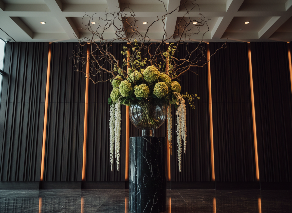 An opulent boutique hotel lobby floral installation: a tall, cylindrical black marble pedestal supporting an oversized, mouth-blown smoky glass vase brimming with sculptural branches, pale green hydrangeas, and cascading white amaranthus. The arrangement rises dramatically toward a high ceiling with a modern coffered design. Behind, a wall of vertically ribbed, dark-stained wood panels catches the glow of concealed uplighting, creating layered shadows. The polished stone floor reflects the pedestal’s silhouette, adding depth. Photographic realism, captured from a low angle to emphasize height and grandeur, with crisp focus on the floral textures and gentle blur in the upper architecture. The lighting is a balanced mix of natural daylight from unseen windows and warm spotlights, producing a luxurious, theatrical atmosphere that epitomizes sophisticated hospitality décor.