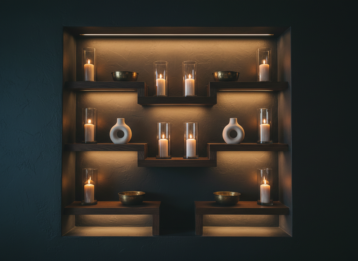 A dramatic hospitality bar back-shelf display featuring staggered dark oak shelves built into a niche of deep charcoal plaster. On the shelves, an artful mix of tall, smoked-glass cylinders with pillar candles, matte-white ceramic vessels in sculptural forms, and a few precisely placed antique brass bowls create a curated composition. Integrated LED strip lighting runs discreetly beneath each shelf, washing the objects with a warm, even glow and creating crisp, elongated shadows on the wall. No bottles or branding are visible, only décor elements. Photographic realism, shot straight-on with a slightly wide lens, ensuring sharp focus and strong vertical lines. The atmosphere is moody, sophisticated, and intimate, ideal for a luxury boutique hotel bar.