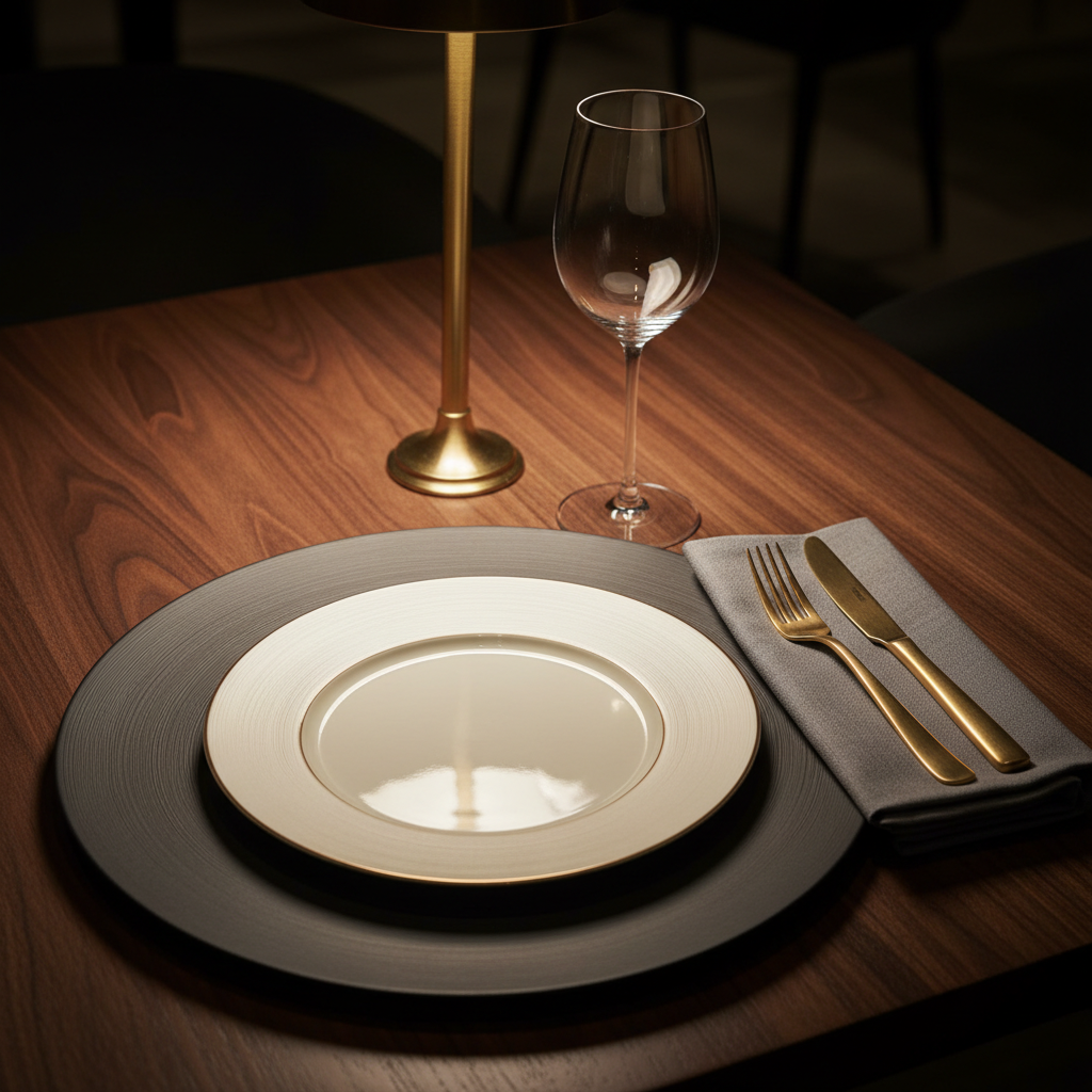 A detailed close-up of a luxury restaurant place setting styled for a tasting menu: a large, matte charcoal charger plate with a very fine, radial texture, topped by a smaller, ivory porcelain plate with a delicate, raised rim. To the right, a slim, brushed-gold knife and fork rest parallel on a folded, stone-gray linen napkin with perfectly crisp edges. Above, a single, ultra-thin crystal wine glass catches the light, its stem reflecting subtle highlights. The table surface is rich, dark walnut with visible grain. Soft, focused overhead pendant lighting creates a warm halo around the setting, while the background fades into a smooth, dark blur. Photographic realism, shot from a slightly elevated close-up perspective, conveying meticulous attention to detail and elevated hospitality décor aesthetics.