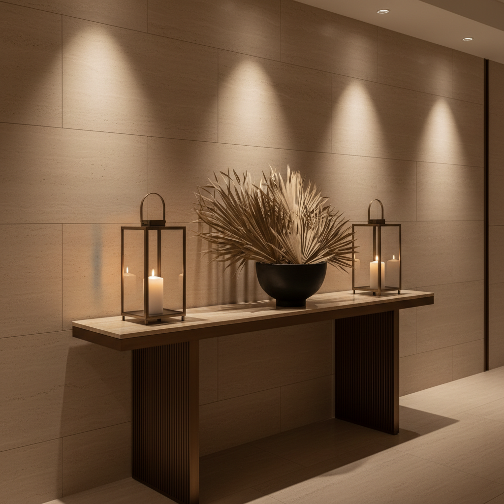 An exquisitely styled corridor console in a five-star hotel, featuring a long, slim bronze console table with a ribbed underside and a honed travertine top. Centered on the surface is a low, oversized, matte-black ceramic bowl filled with sculptural dried palm fronds in warm beige tones. Flanking the bowl, two tall, rectangular smoked-glass lanterns encase pillar candles, unlit but reflecting ambient light. The wall behind is clad in large-format, stone-look panels with minimal seams and a soft, taupe undertone. Recessed ceiling spots create pools of light that graze the wall and console, producing gentle gradients and shadows. Photographic realism, shot from a slightly oblique angle to show depth, with sharp focus throughout. The mood is quietly dramatic, refined, and impeccably curated.