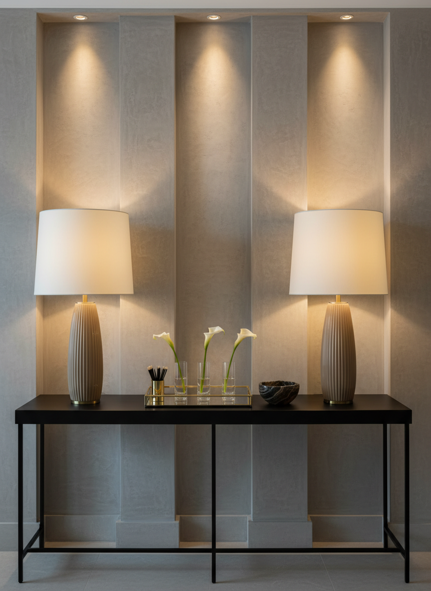 An elegantly composed hotel reception console featuring a long, matte-black console table with slender legs, styled with a symmetrical pair of tall, ribbed ceramic lamps in warm taupe and oversized drum shades. Between them sits a low, rectangular mirrored tray holding crystal bud vases with single white calla lilies, a bundle of long black matches in a brass holder, and a small, sculptural onyx bowl. The wall behind is a textured plaster in soft greige, illuminated by warm, indirect cove lighting from above, casting refined vertical shadows. Photographic realism, shot straight-on with a wide frame to capture the entire vignette, clean and modern composition with sharp focus throughout, creating an atmosphere of quiet luxury and polished hospitality elegance.