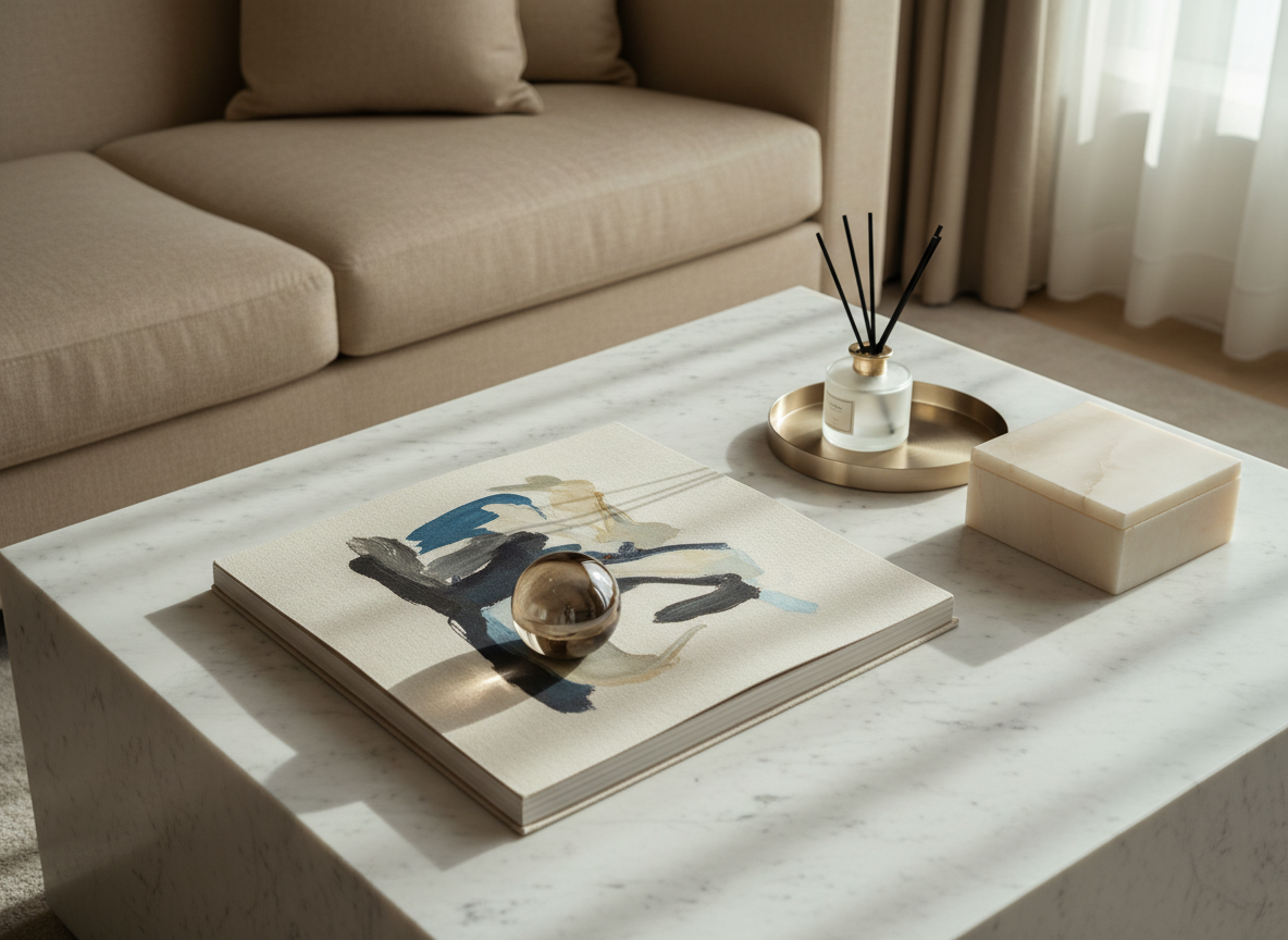 A lavish hotel suite coffee table styling: a square, honed marble table in soft white with delicate gray veining, topped with a large, linen-bound art book opened to an abstract artwork spread. On top, a small, smoked-bronze glass orb paperweight catches the light. Nearby, a rectangular alabaster box with a subtle translucence sits beside a low, oval tray in brushed champagne metal holding a cluster of black reed diffusers in a frosted glass bottle. The background reveals a plush, sand-colored sofa with impeccably tailored cushions. Soft morning light pours in from a floor-to-ceiling window off-frame, creating gentle highlights on stone and metal. Photographic realism, shot from a three-quarter overhead angle, balanced composition, conveying understated opulence and meticulous hospitality décor.