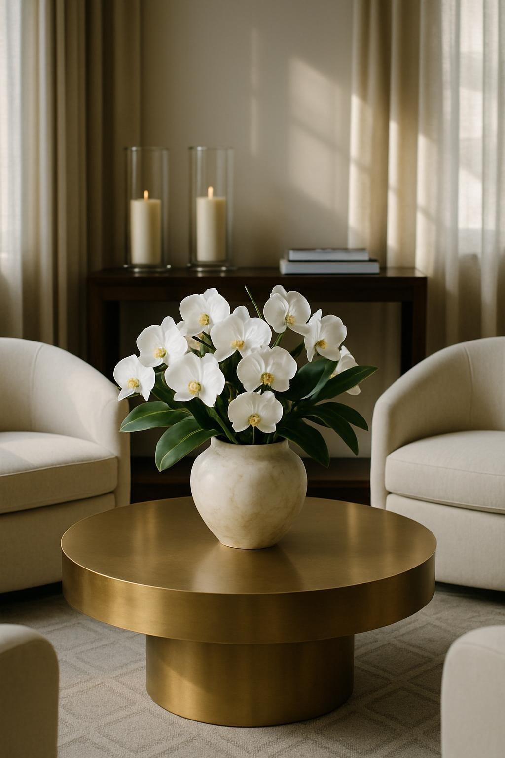 A meticulously styled hospitality lounge vignette featuring a low, brushed-brass coffee table topped with a sculptural alabaster vase filled with lush white orchids and deep green foliage. The table rests on a dove-gray wool rug with a subtle geometric pattern, framed by curved, cream-colored velvet armchairs. Behind, a dark walnut console displays tall glass hurricanes with ivory candles and a few artfully stacked coffee-table books. Soft, diffused afternoon light filters through sheer linen drapery, creating gentle reflections on metallic surfaces and delicate shadows on the wall. Photographic realism, shot at eye level with a shallow depth of field, the arrangement centered using the rule of thirds, evoking a sophisticated, serene atmosphere perfect for luxury hospitality décor.